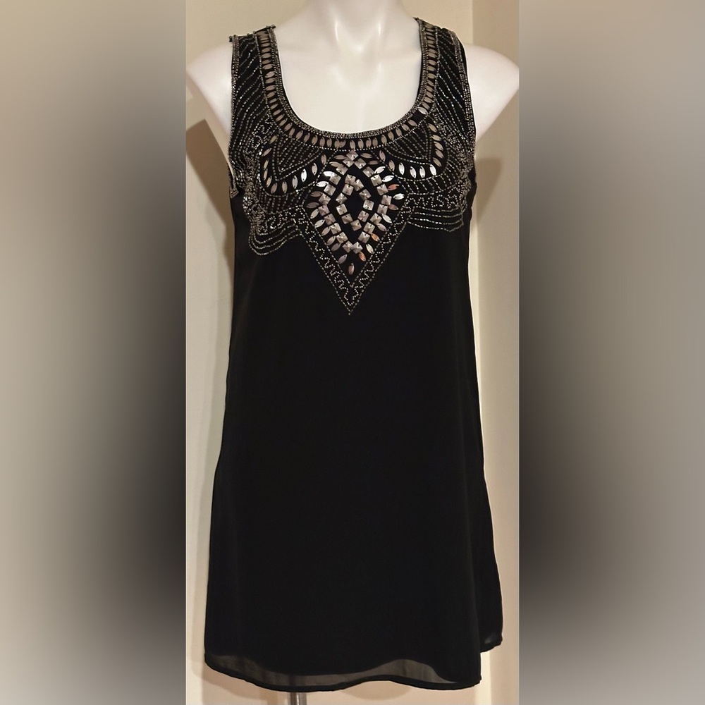 ANGIE Embellished Black Sheer Silver Beaded Sleeveless Cocktail Mini Dress Sz M